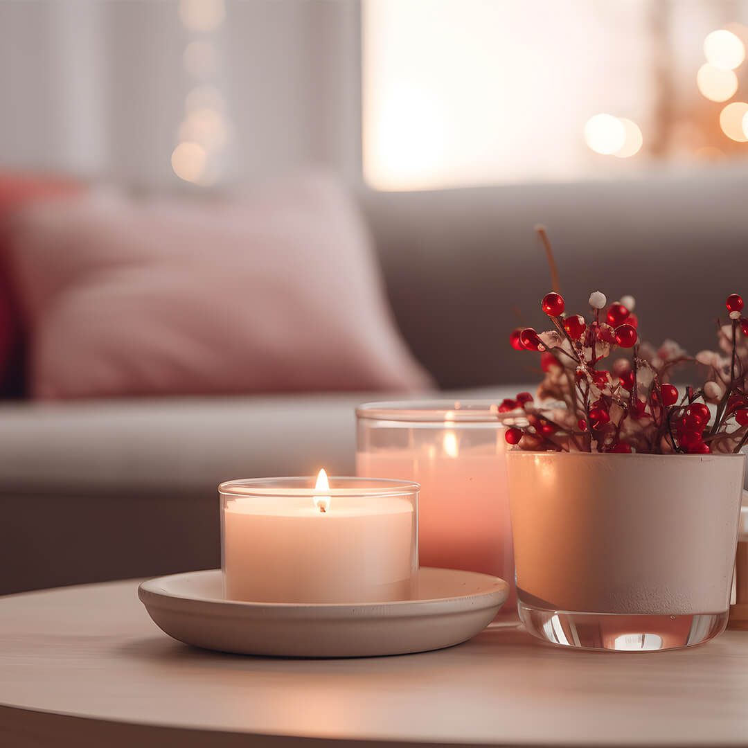 A cozy living room scene with lit candles on a table. One candle is in a beige holder, and the other is next to a vase containing red and white berries. The background features a blurred sofa with cushions.