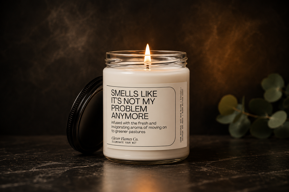 A lit candle in a glass jar labeled Smells like its not my problem anymore, sitting on a dark surface with its lid beside it and eucalyptus leaves in the background.