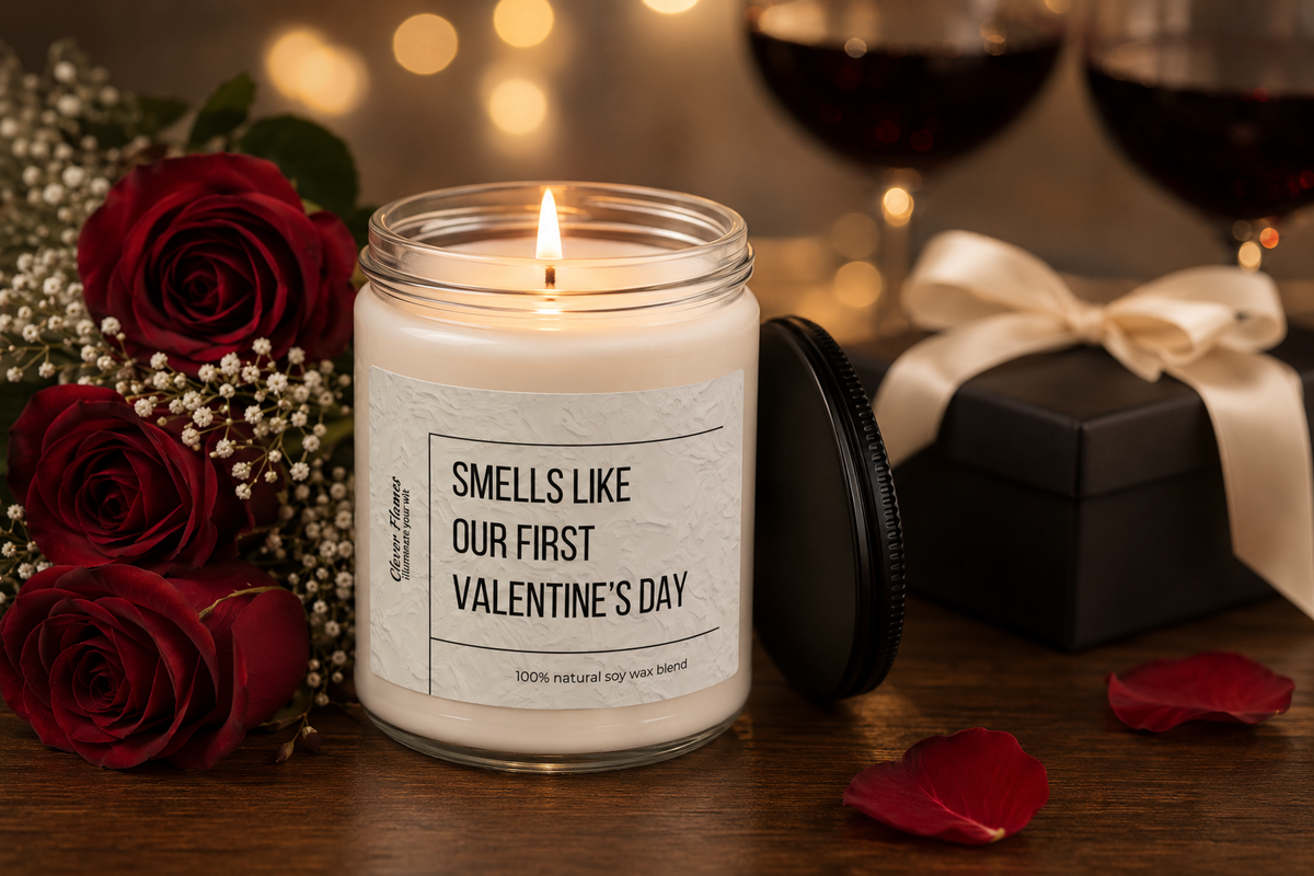 Two people sitting at a table with a red rose in a vase, a lit candle, and glasses of red wine. One person holds a bottle, while the other has a hand near a candle. Theres a romantic ambiance.