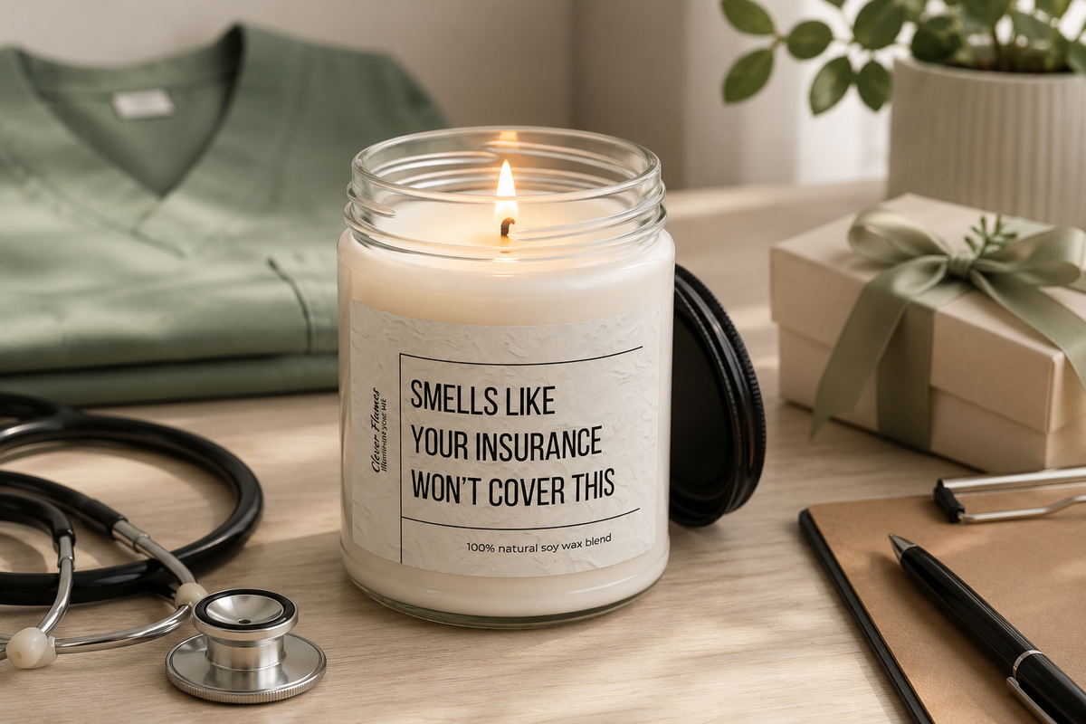 A lit candle in a glass jar labeled Smells like your insurance wont cover this sits on a desk with a stethoscope, green scrubs, a gift box, and a clipboard.