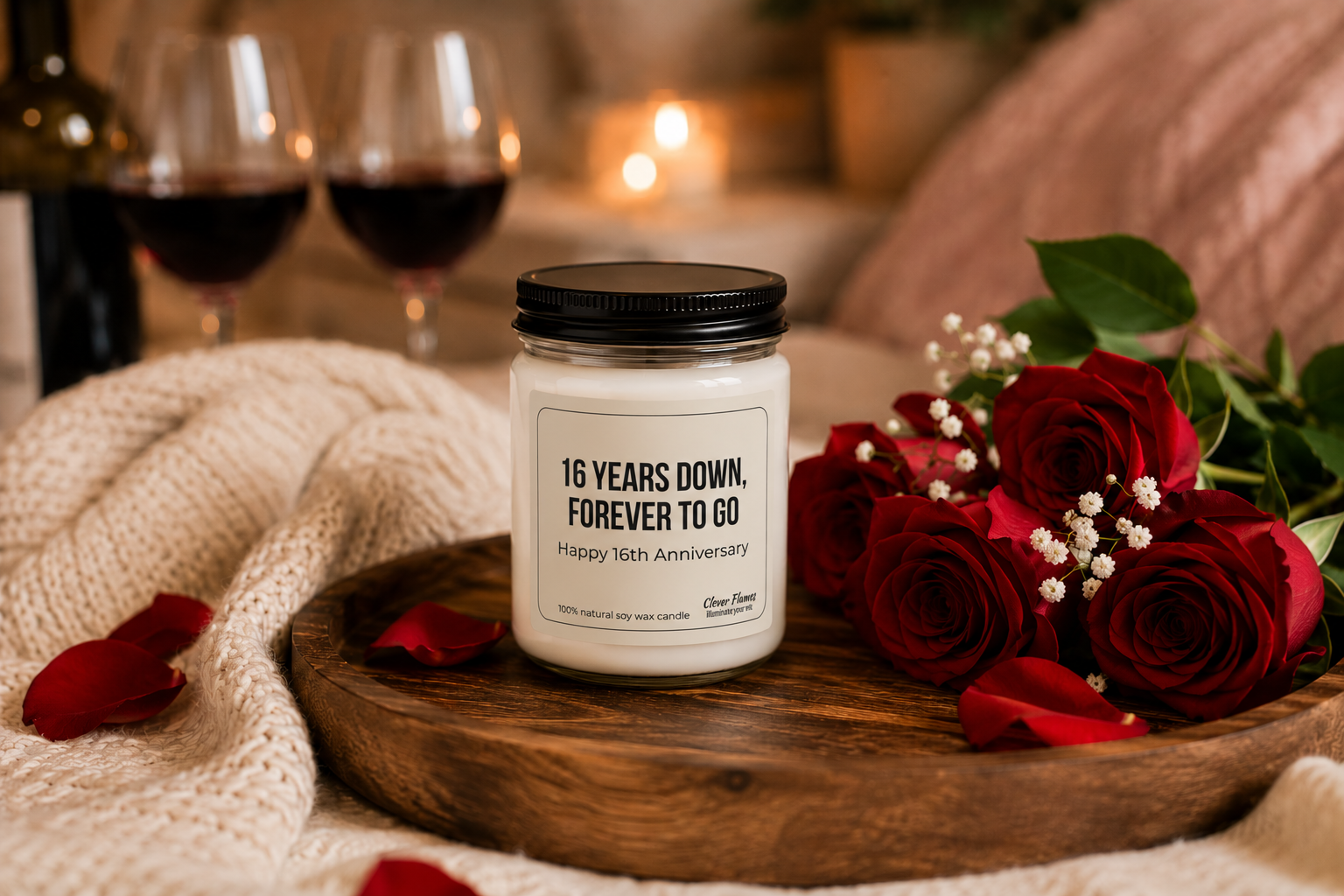 A couple toasts with wine glasses at a candlelit dinner on a balcony overlooking the ocean at sunset, creating a romantic ambiance.