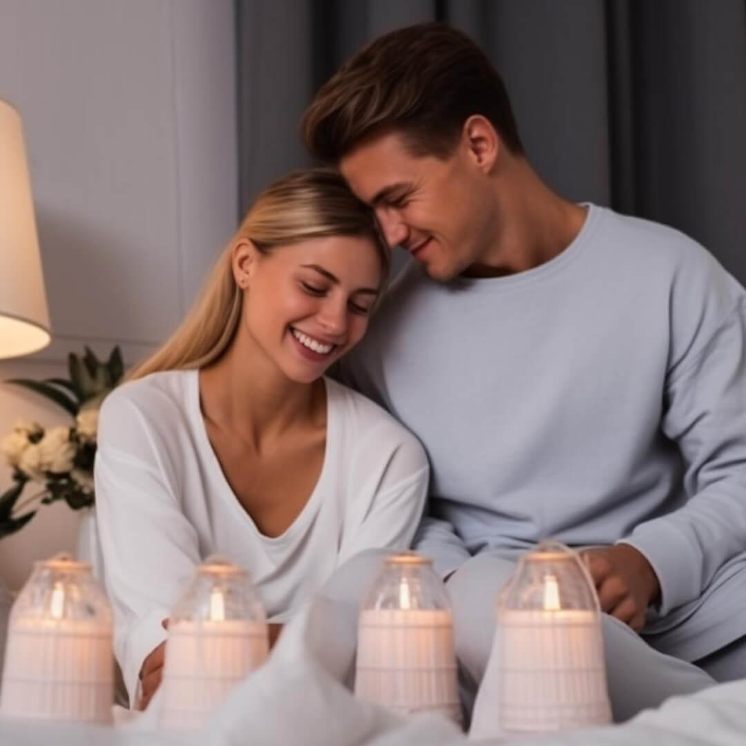 A smiling couple sits closely, enjoying a cozy atmosphere with several lit candles on the table in front of them, creating a warm and intimate setting.