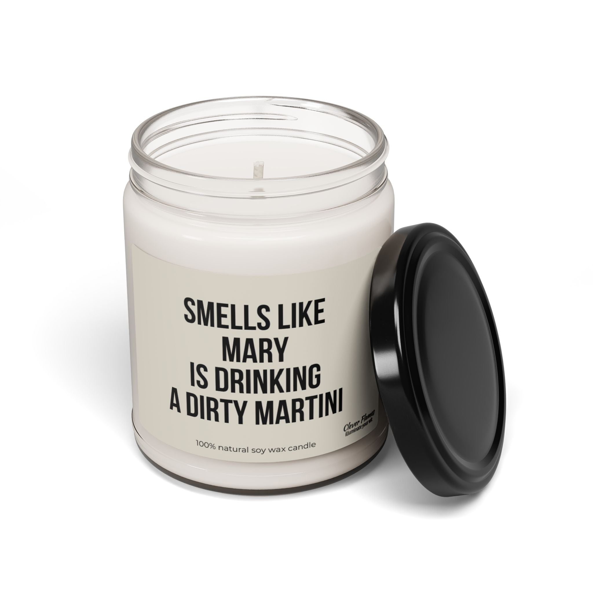 Introducing the Printify personalized candle: "Smells Like Mary is Drinking a Dirty Martini." Made from white soy wax and encased in a stylish glass jar with a black lid, this candle is ideal for martini enthusiasts or as chic home bar decor.