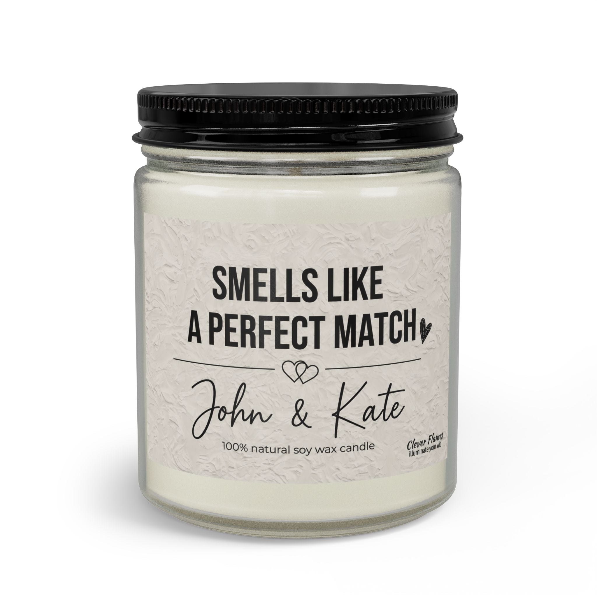 The Printify Smells Like a Perfect Match Candle Set includes matches and a wick trimmer. Personalize with names for a special touch—made with 100% natural soy wax in a minimalist clear jar, perfect as a gift for any occasion.
