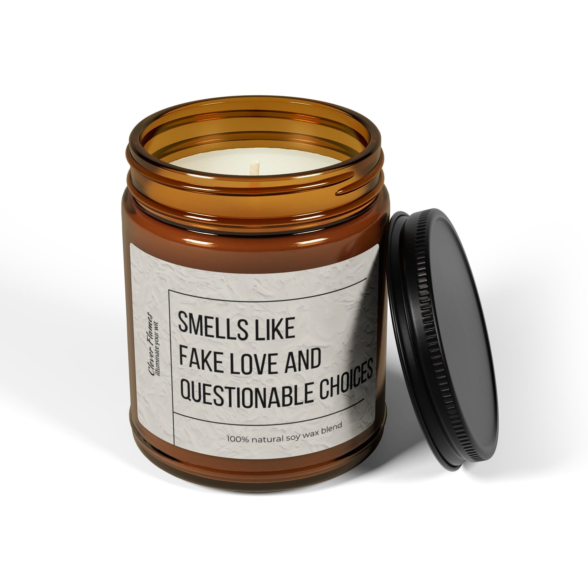 This quirky charm comes from Printify's "Smells Like Fake Love and Questionable Choices" scented soy candle. Packaged in a brown glass jar with a black lid, this 100% natural candle makes for a perfect unique Valentine's Day gift.