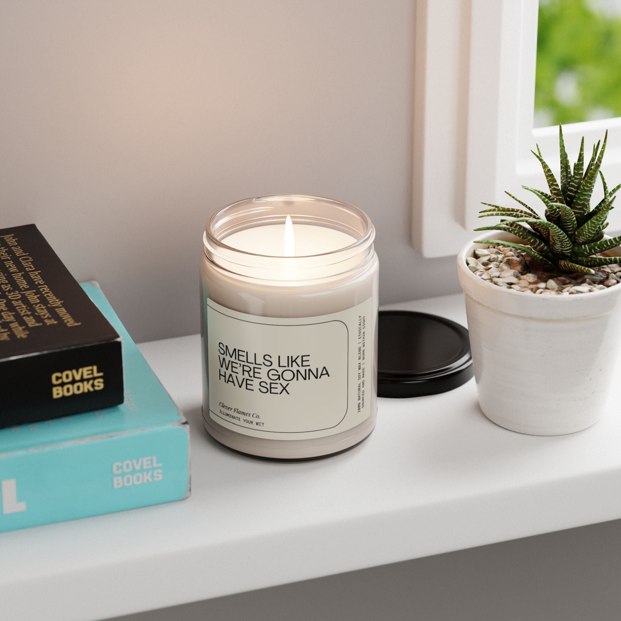 A lit "Smells Like We're Gonna Have Sex" candle by Printify, crafted from natural soy wax, rests on a white ledge next to a small potted succulent and stacked books by a window. This candle is an ideal gift for couples aiming to enhance their romantic evenings.