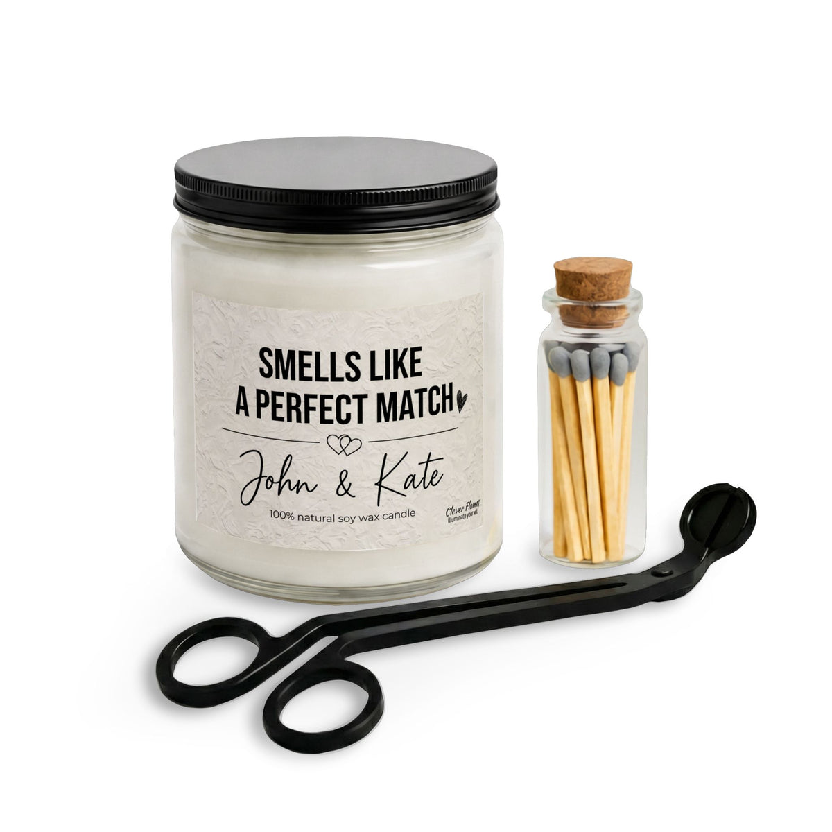 The Printify Smells Like a Perfect Match Candle Set includes personalized names, a matching jar of matches, and a black wick trimmer—an elegant addition to any minimalist home.