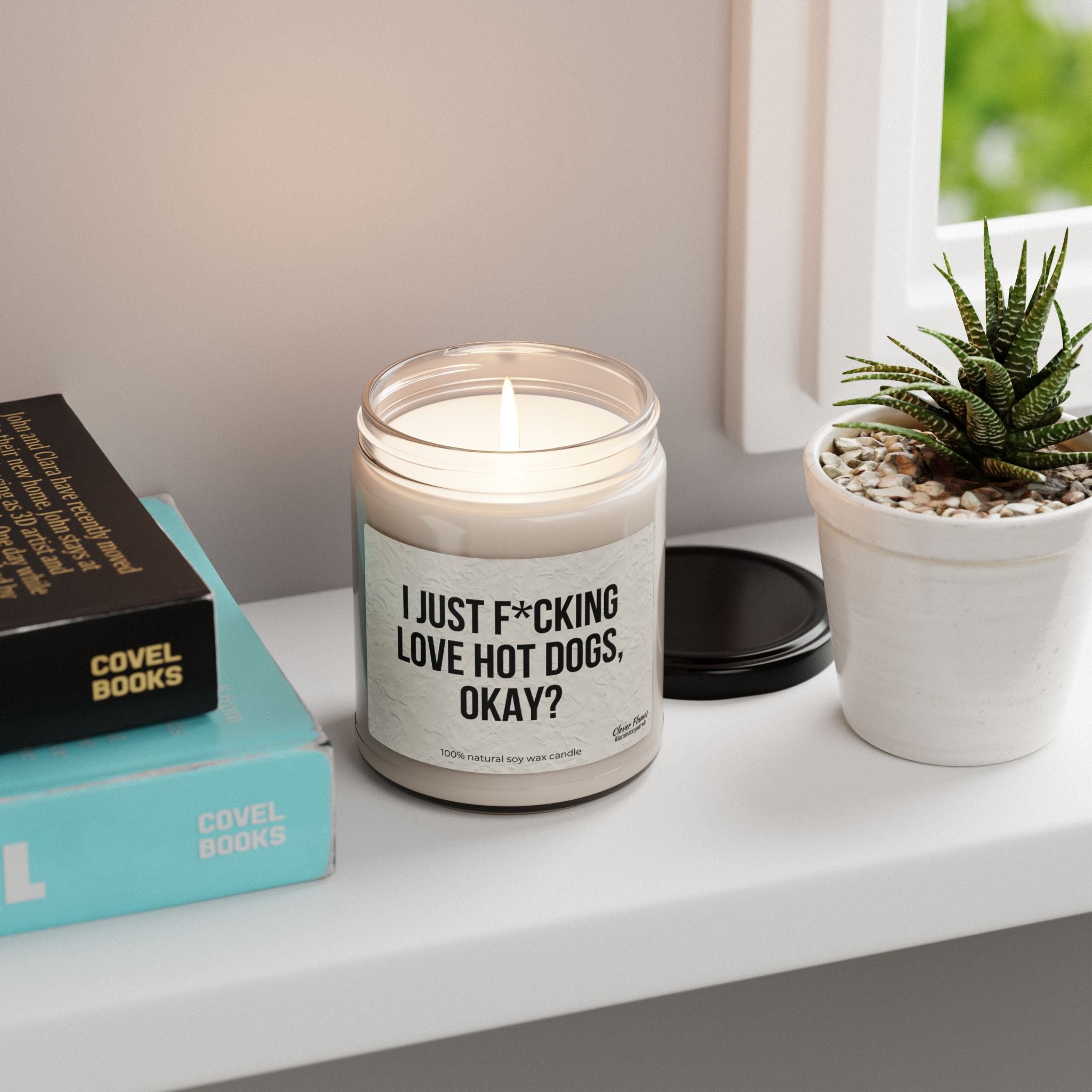 A non-toxic Printify 9oz soy candle, "I Just F*cking Love Hot Dogs Okay?", in a reusable glass vessel sits on a white windowsill beside a potted plant and stacked books.