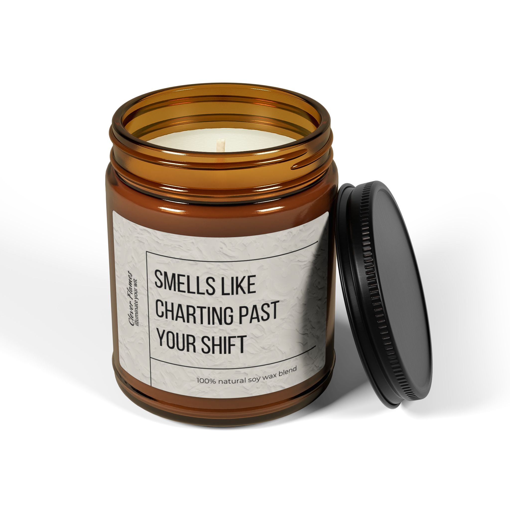 A 100% natural soy candle by Printify, featuring a brown jar with an open black lid labeled Smells Like Charting Past Your Shift, makes for a funny burnout prevention gift. Ideal for nurses seeking relaxation, its the perfect sassy nurse gift.