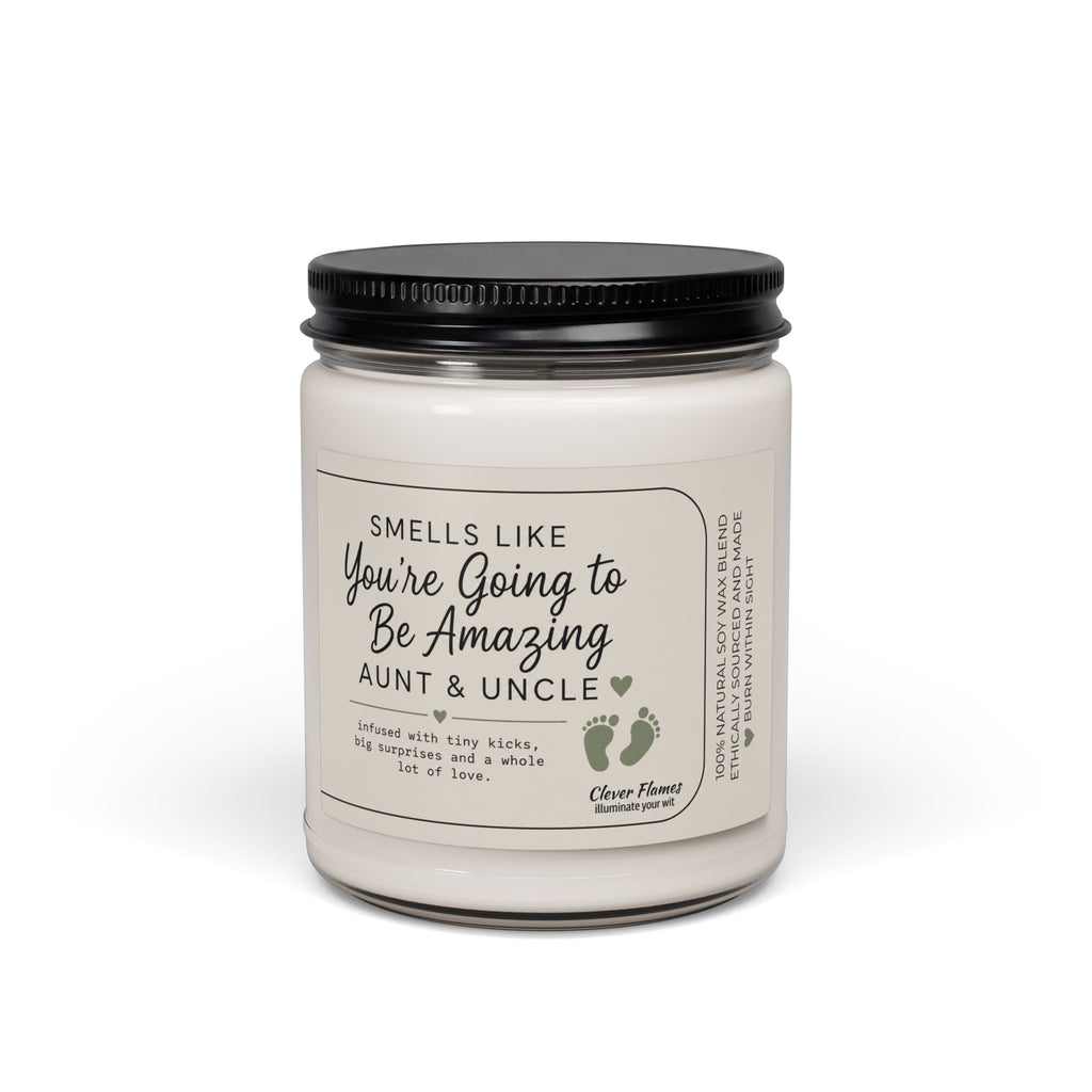 Introducing the Printify Pregnancy Announcement for Aunt & Uncle Candle—a white candle in a glass jar with a black lid. The label reads: “Smells like you’re going to be amazing aunt & uncle,” and features baby footprints along with a sweet note about tiny kicks, happiness, and lots of love. This heartfelt Baby Reveal Gift is the perfect way to announce your pregnancy to future aunts and uncles or as an unforgettable You’re Going to Be Amazing Aunt and Uncle gift.