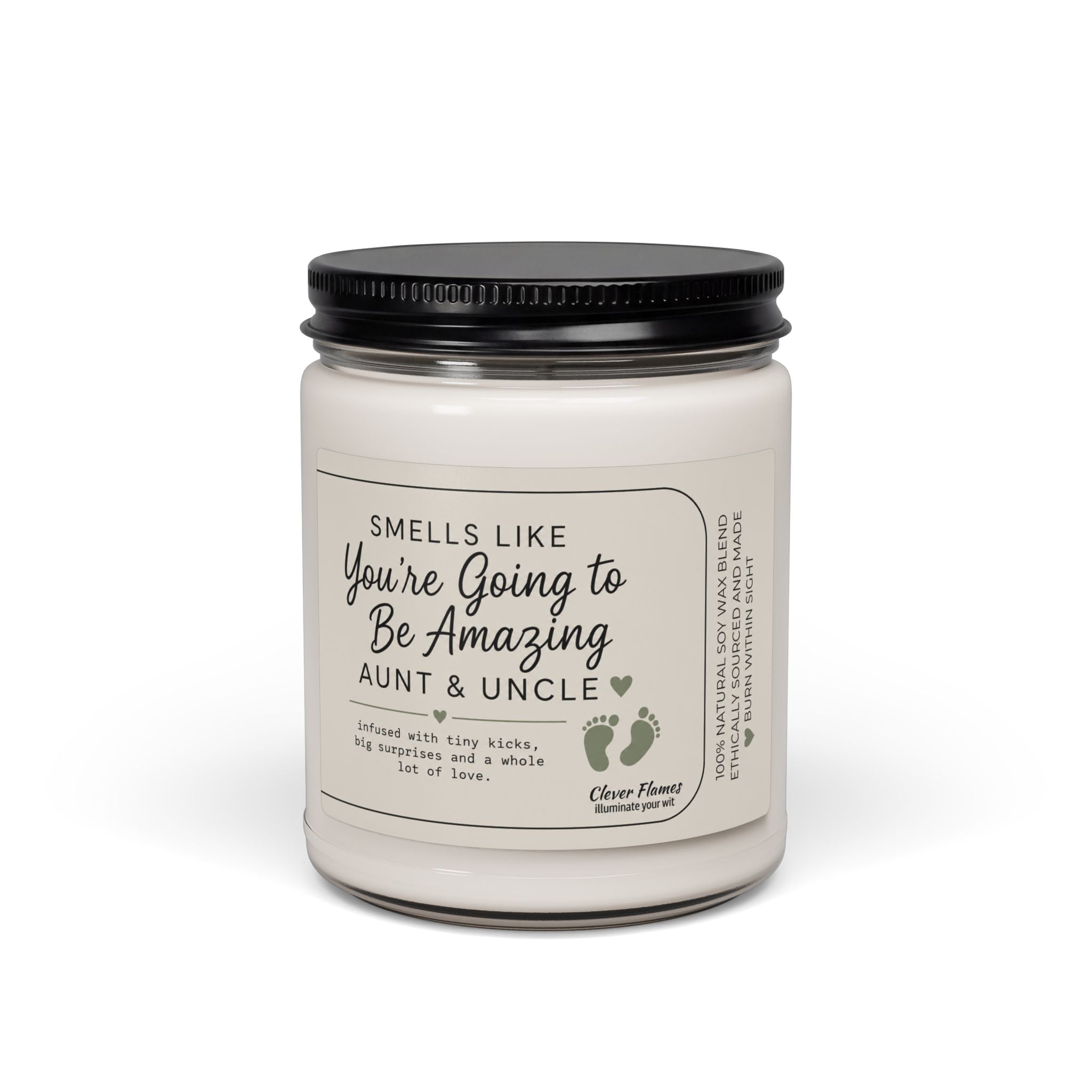 Introducing the Printify Pregnancy Announcement for Aunt & Uncle Candle—a white candle in a glass jar with a black lid. The label reads: “Smells like you’re going to be amazing aunt & uncle,” and features baby footprints along with a sweet note about tiny kicks, happiness, and lots of love. This heartfelt Baby Reveal Gift is the perfect way to announce your pregnancy to future aunts and uncles or as an unforgettable You’re Going to Be Amazing Aunt and Uncle gift.