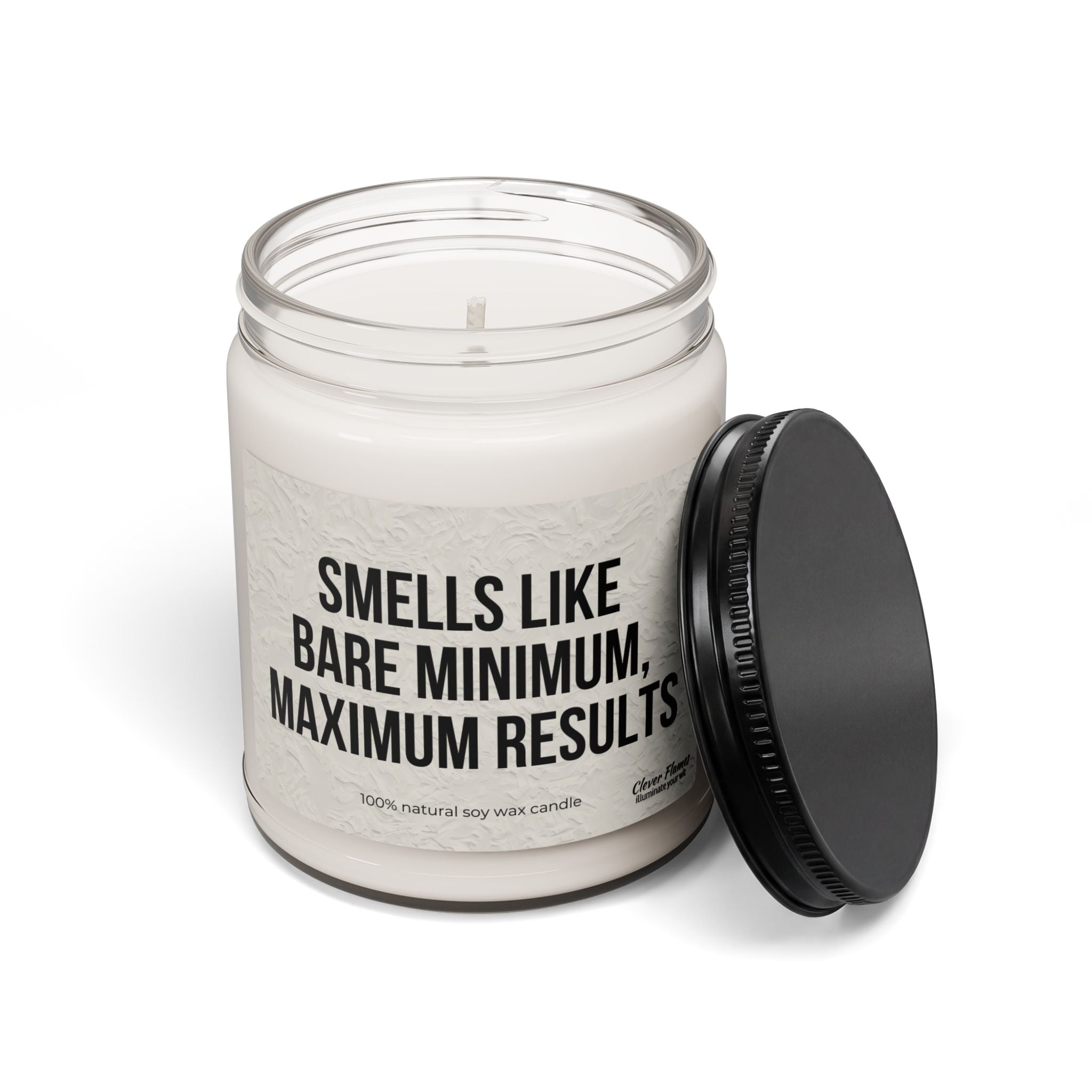 Printify's 9oz Soy Candle—"Smells Like Bare Minimum, Maximum Results"—features 100% natural vegan soy wax in a reusable glass jar with a black lid.