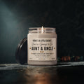 A glowing Printify Pregnancy Announcement for Aunt and Uncle Candle sits in its jar, displaying the heartfelt message: “You’re going to be Aunt & Uncle. Baby love is on the way.” The lid rests nearby, while a softly blurred dark background sets the scene for a perfect baby reveal gift and memorable announcement moment.