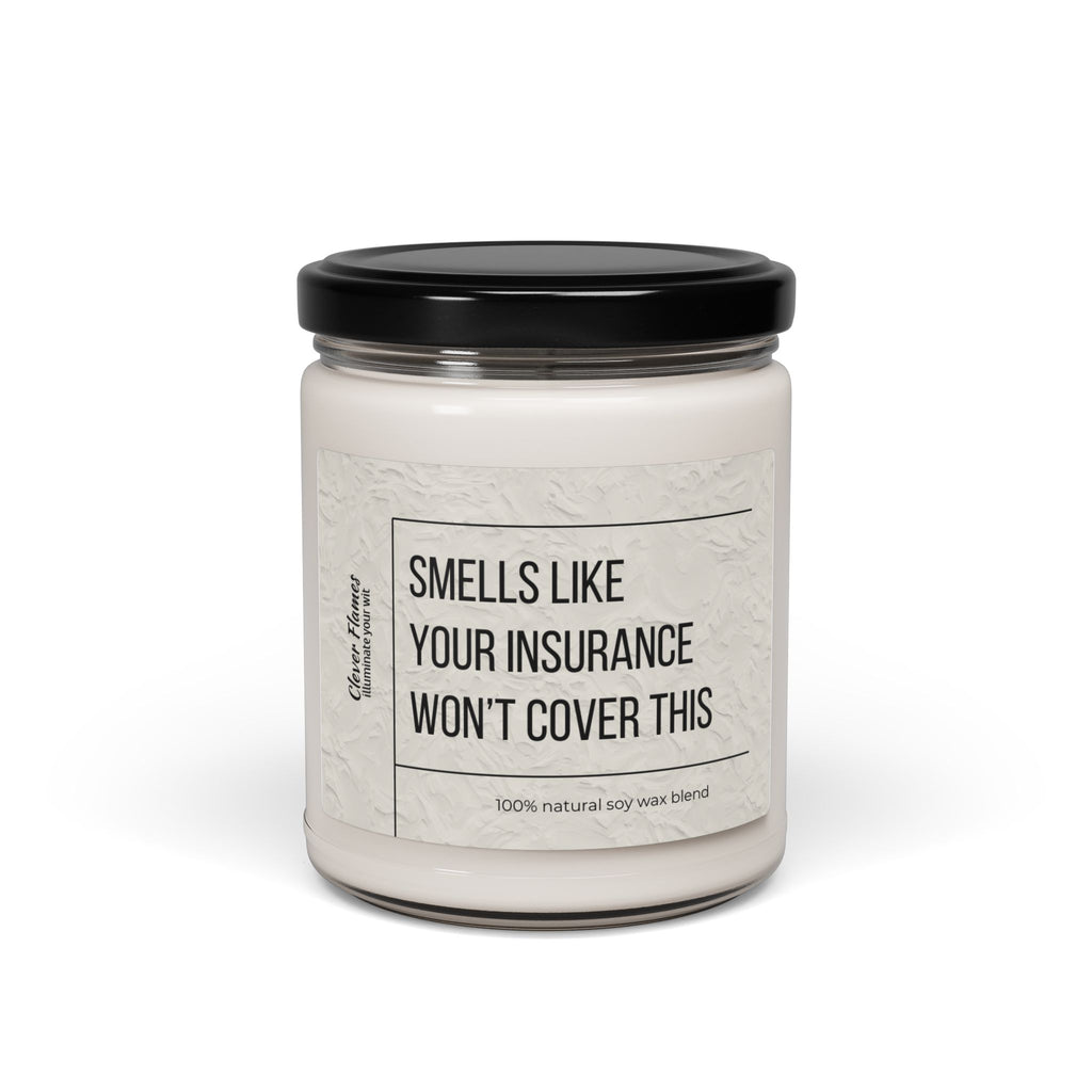 The Printify candle, Smells Like Your Insurance Won’t Cover This, in a white glass jar with a black lid, offers healthcare humor and 100% natural soy wax. Its an ideal funny medical gift for nurses, doctors, and healthcare workers that brightens more than rooms.