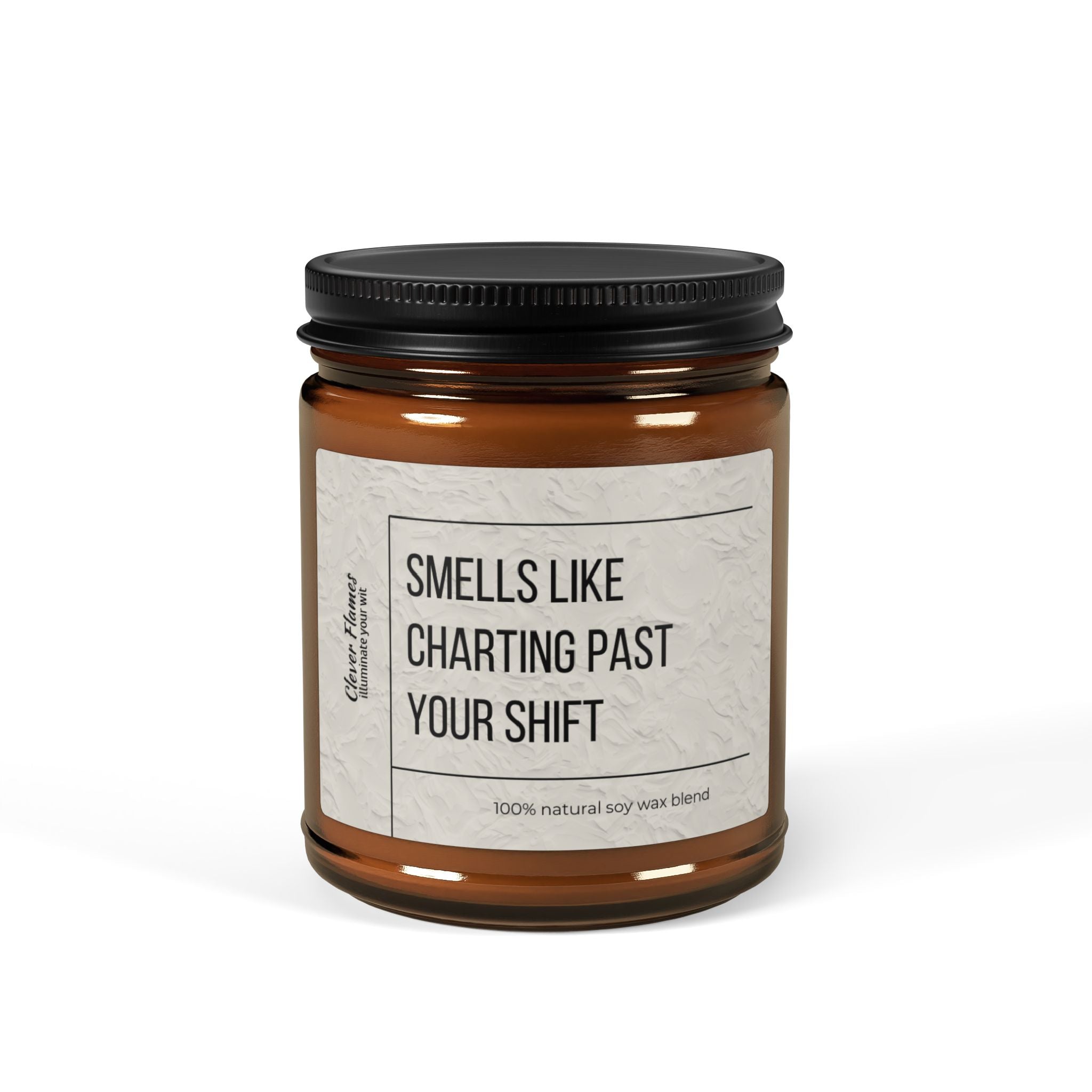 The Printify Smells Like Charting Past Your Shift candle, housed in a brown glass jar with a black lid, is an ideal burnout-prevention gift for nurses. This sassy soy candle combines humor and care in its 100% natural wax blend, perfect for any Wound Care RN.