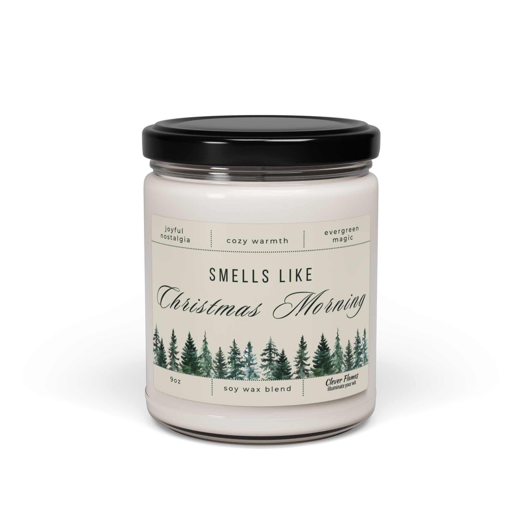 The Printify Smells Like Christmas Morning – Holiday Soy Candle (9oz) in a glass jar with black lid features a festive label with evergreen trees, evoking joyful nostalgia, cozy warmth, and holiday magic.