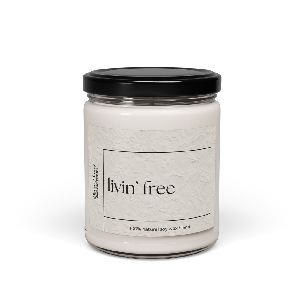 The Printify Livin’ Free Summer Break Candle is a white jar candle with a black lid and minimalist label, made from a 100% natural soy wax blend—perfect as a funny teacher appreciation or summer vacation gift.