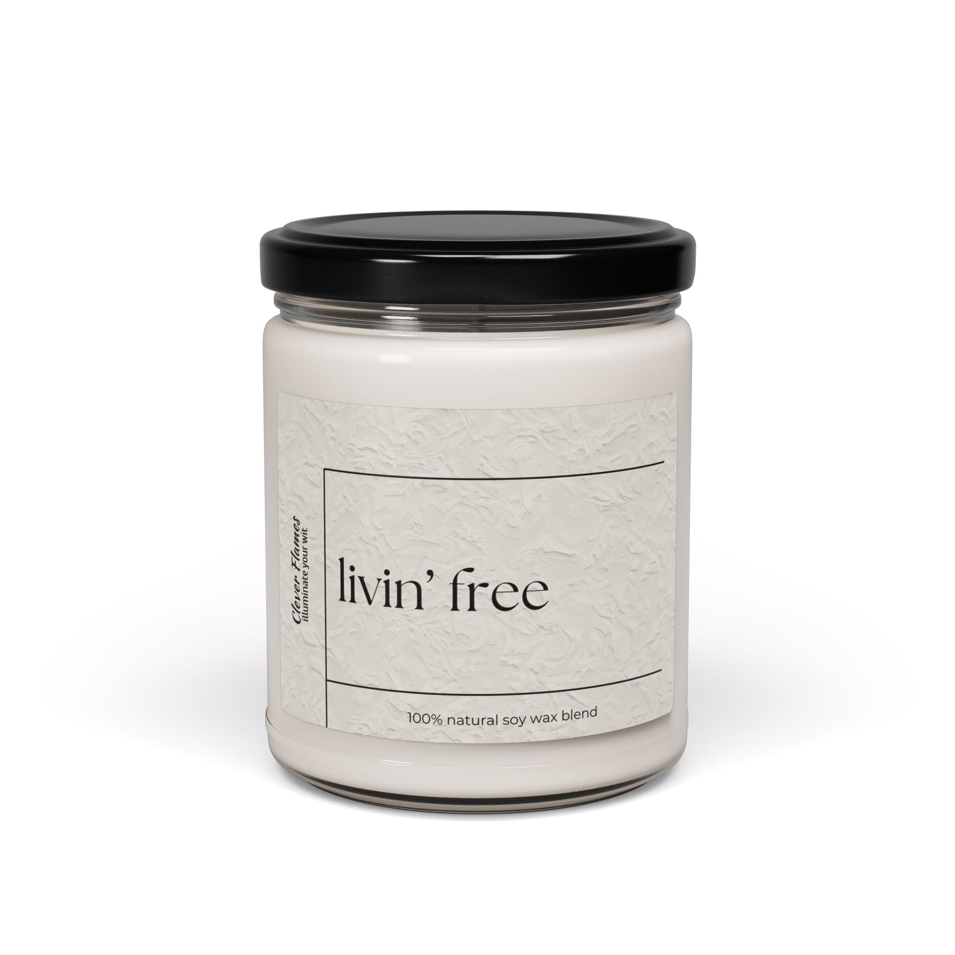 The Printify Livin’ Free Summer Break Candle is a white jar candle with a black lid and minimalist label, made from a 100% natural soy wax blend—perfect as a funny teacher appreciation or summer vacation gift.