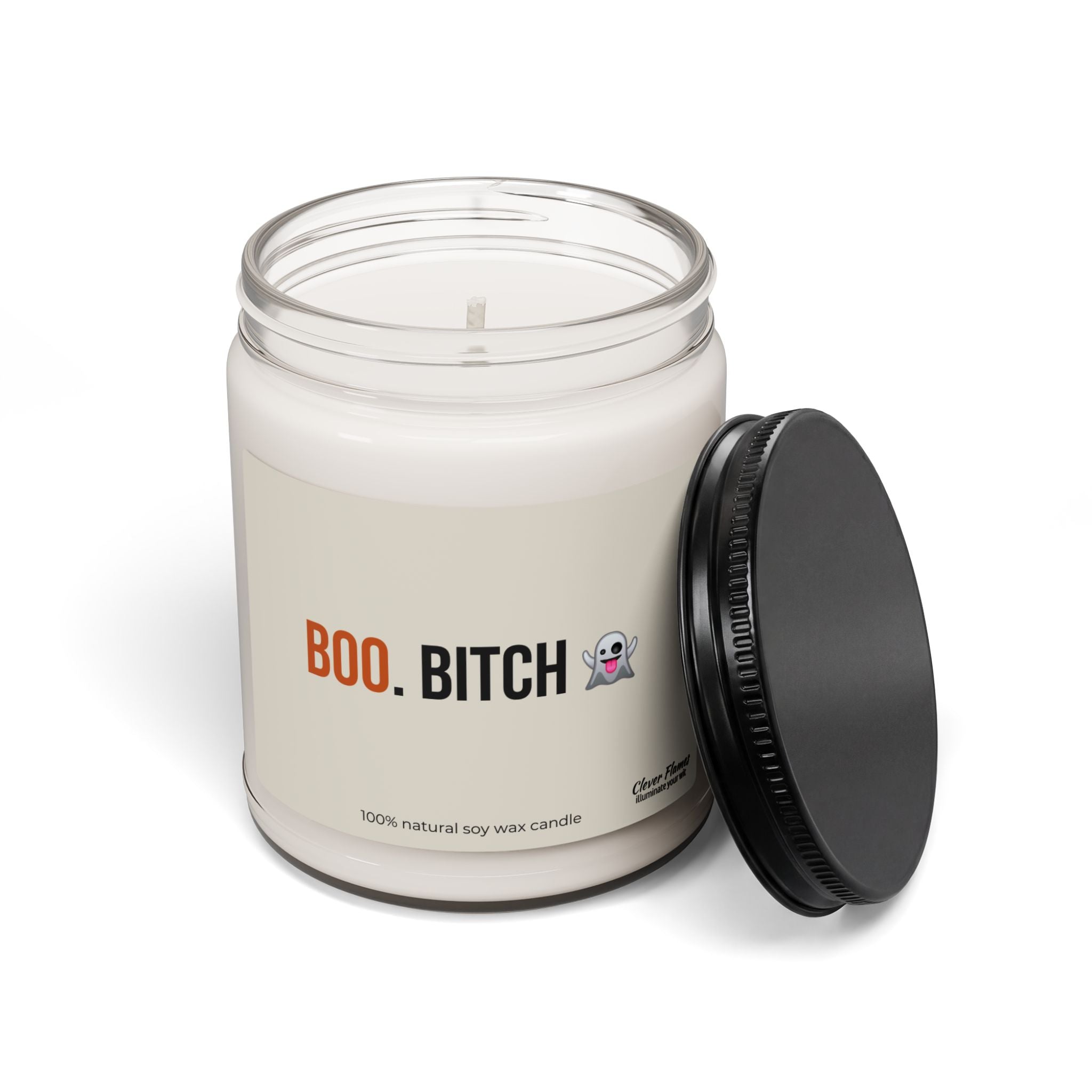 Add a playful touch to your autumn décor with the Printify Funny Halloween Fall Candle Decor—a glass jar soy wax candle labeled “BOO. BITCH” with a cheeky ghost emoji. The black lid rests beside the jar, making it an ideal spooky, sarcastic party favor or gift for your bestie. Perfect for cozy fall nights or as a unique Halloween decoration.