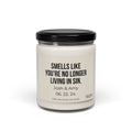 This white soy candle comes in a jar with a black lid and features the text "Smells like you’re no longer living in sin." Ideal for an engagement gift, it highlights the names Josh & Amy along with their date 06.22.24 and is made from 100% natural soy wax. The product is named "No Longer Living In Sin Soy Candle Custom Wedding Gift Funny Personalized Anniversary For Husband Engagement Date for Couple" by the brand Wedding.