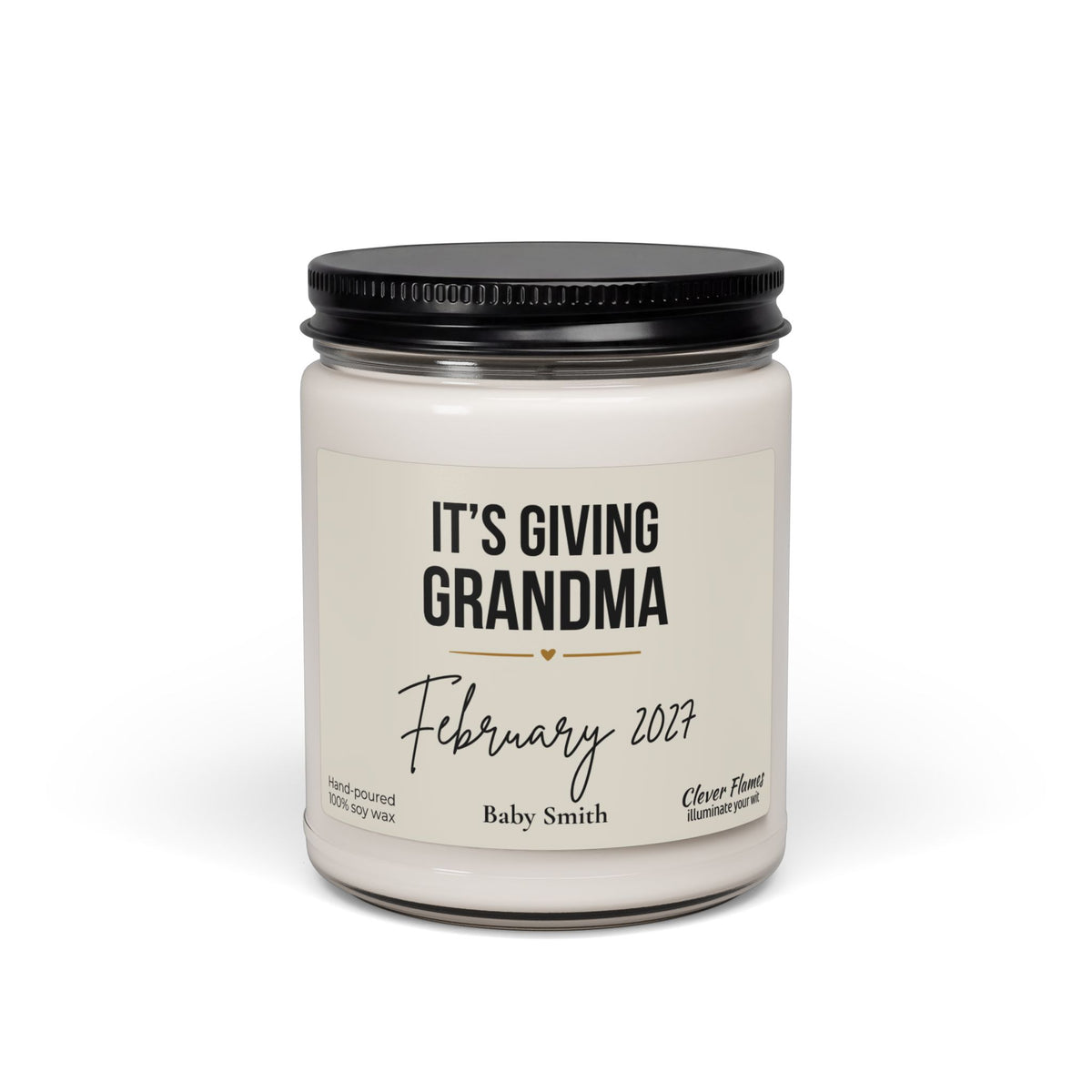 A white Grandma Pregnancy Announcement Candle in a glass jar with a black lid, labeled Its Giving Grandma with the date February 2027 and the name Baby Smith.