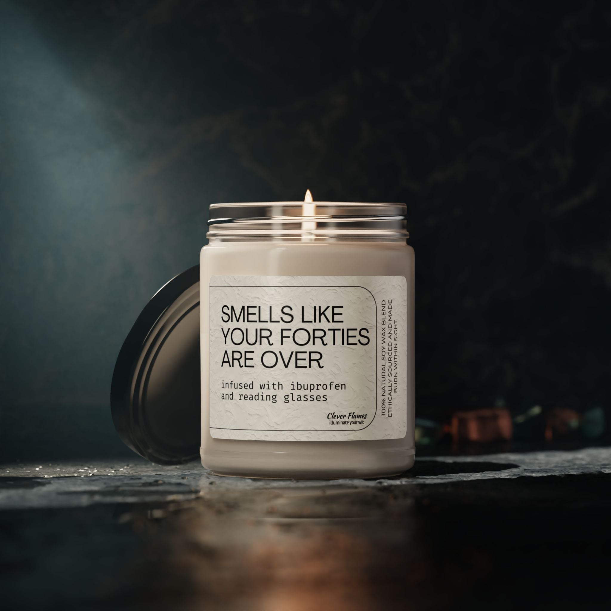 The Printify 50th Birthday Candle Gift, labeled "Smells Like Your Forties Are Over," is a funny milestone birthday candle—ideal as an over the hill or 50th birthday gift.