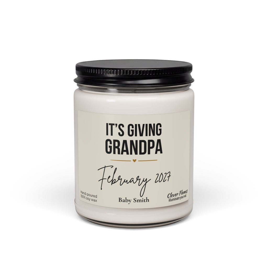 A Grandpa Pregnancy Announcement Candle in a glass jar, featuring a personalized label that reads Its Giving Grandpa, February 2027, and Baby Smith.