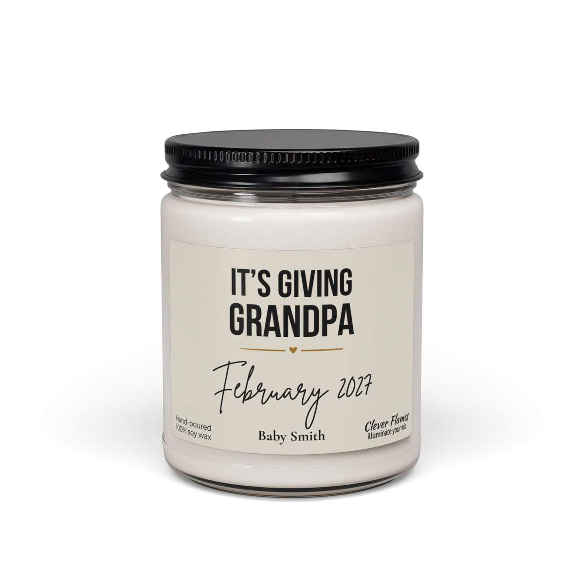 A Grandpa Pregnancy Announcement Candle in a glass jar, featuring a personalized label that reads Its Giving Grandpa, February 2027, and Baby Smith.