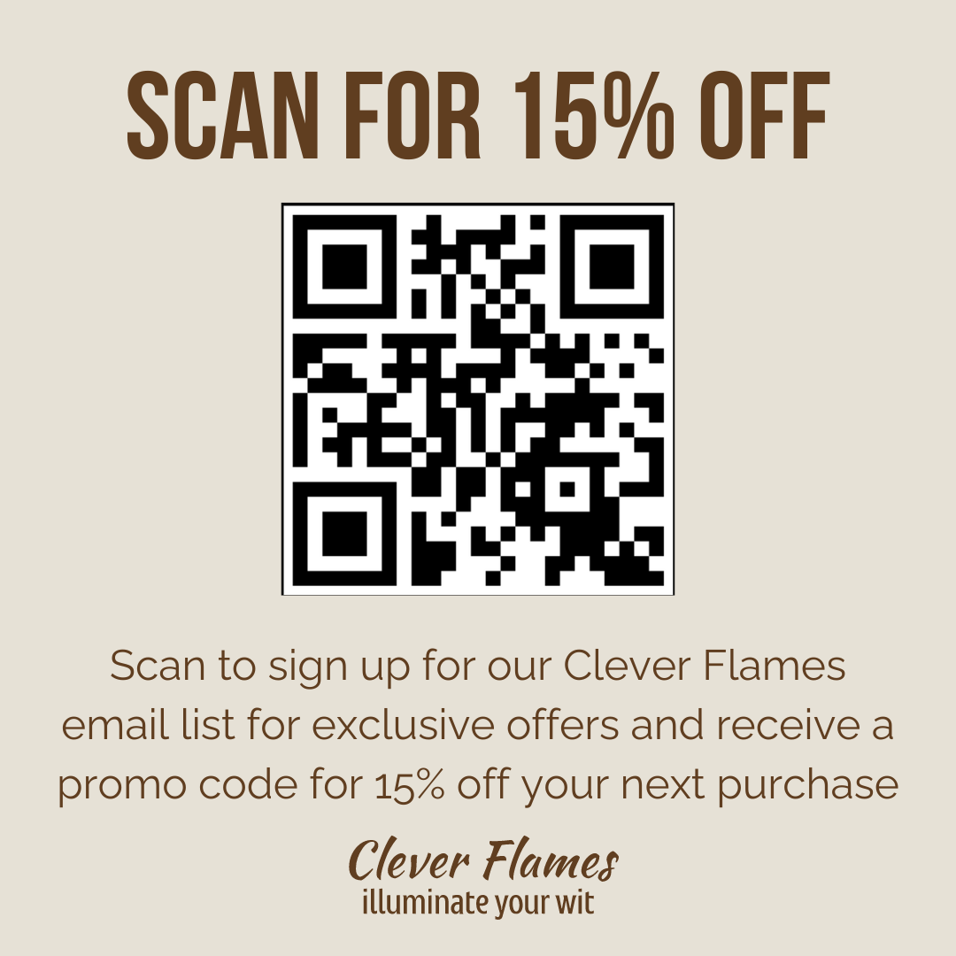 A QR code with the text "Scan for 15% off." Below, it encourages you to join the Wedding email list for exclusive offers and a 15% promo on your Personalized Sister In Law Candle purchase. Footer reads, "Wedding: illuminate your wit.