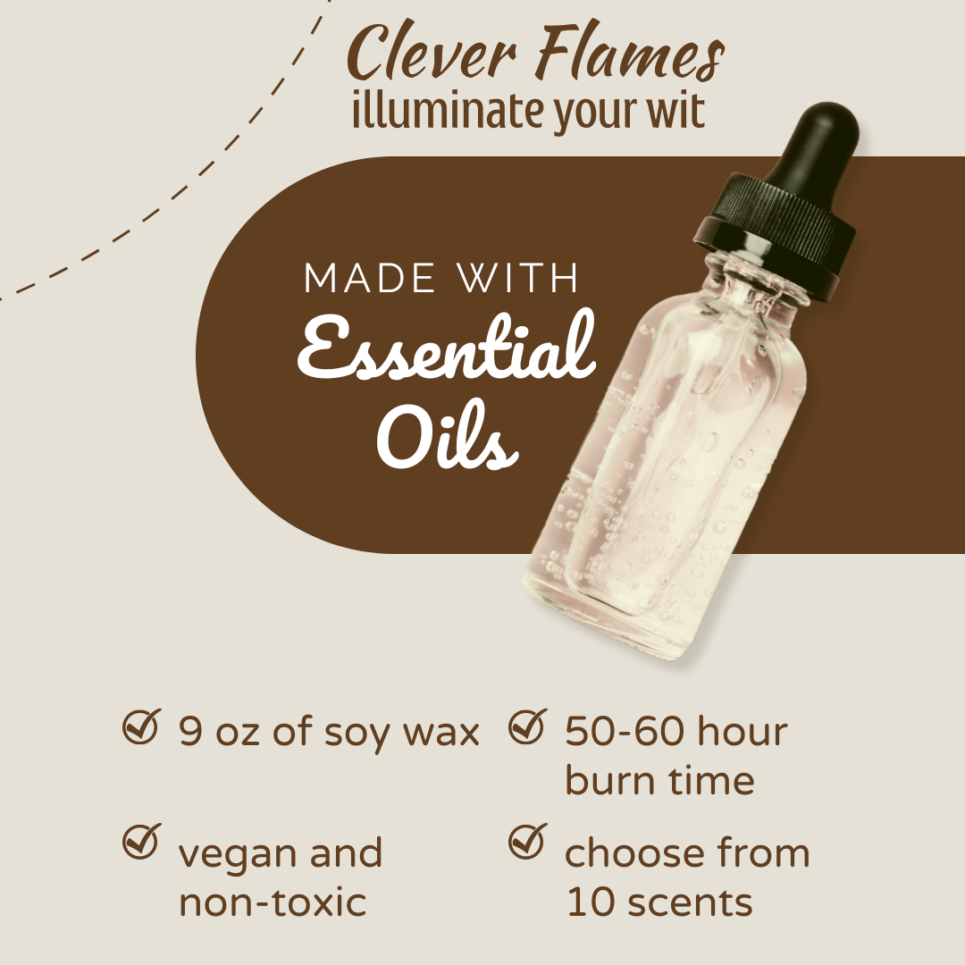 A promotional graphic for Printify highlights their Soy Candle, featuring a glass dropper bottle of essential oils beside the candle. Texts emphasize: "Illuminate your wit," "Made with essential oils," "9 oz soy wax," "50-60 hour burn time," "Vegan and non-toxic," and the option to choose from 10 aromatic scents.