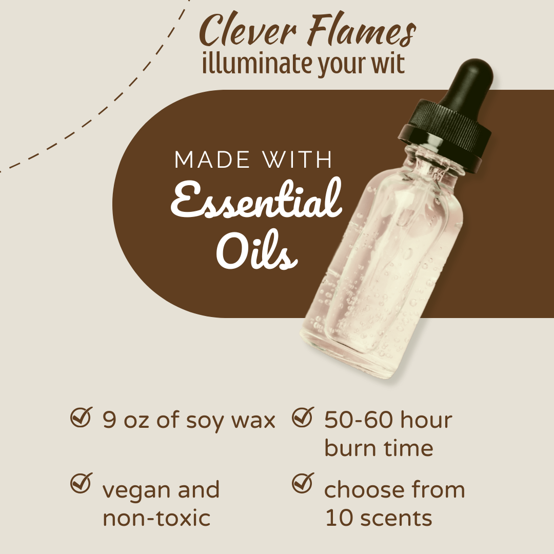 A glass dropper bottle sits beside text promoting Printifys Funny Scented Soy Candle (Definitely Not for Covering Up That Weed Smell)—a 9oz vegan, non-toxic soy candle with essential oils, 50–60 hour burn time, and 10 fragrance options.