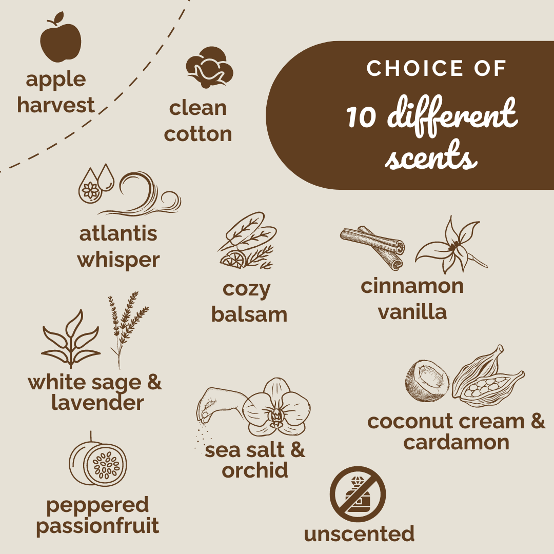 Explore 10 eco-friendly scents for the Scented Soy Candle - Smells Like the Tears of My Tennis Opponents by Printify, including apple harvest, cinnamon vanilla, sea salt & orchid, coconut cream & cardamom, plus an unscented option.
