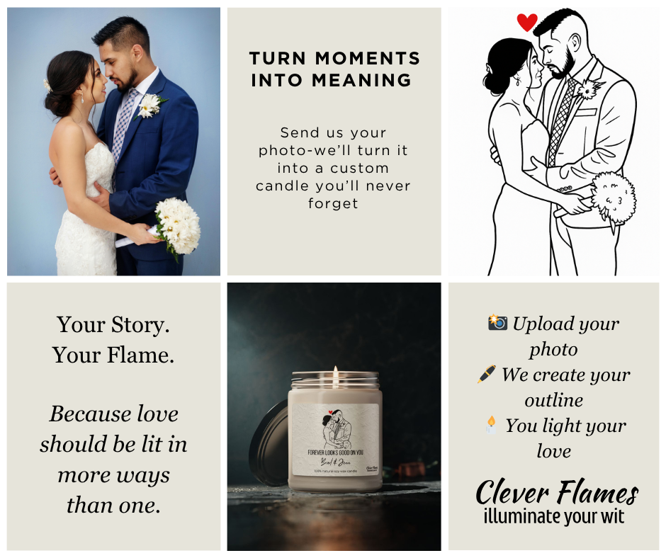A wedding couple embraces in a collage promoting Printify’s Custom Couple Candle—a personalized line art soy wax candle made from your photo, with outline portrait and instructions for creating your own custom artwork.