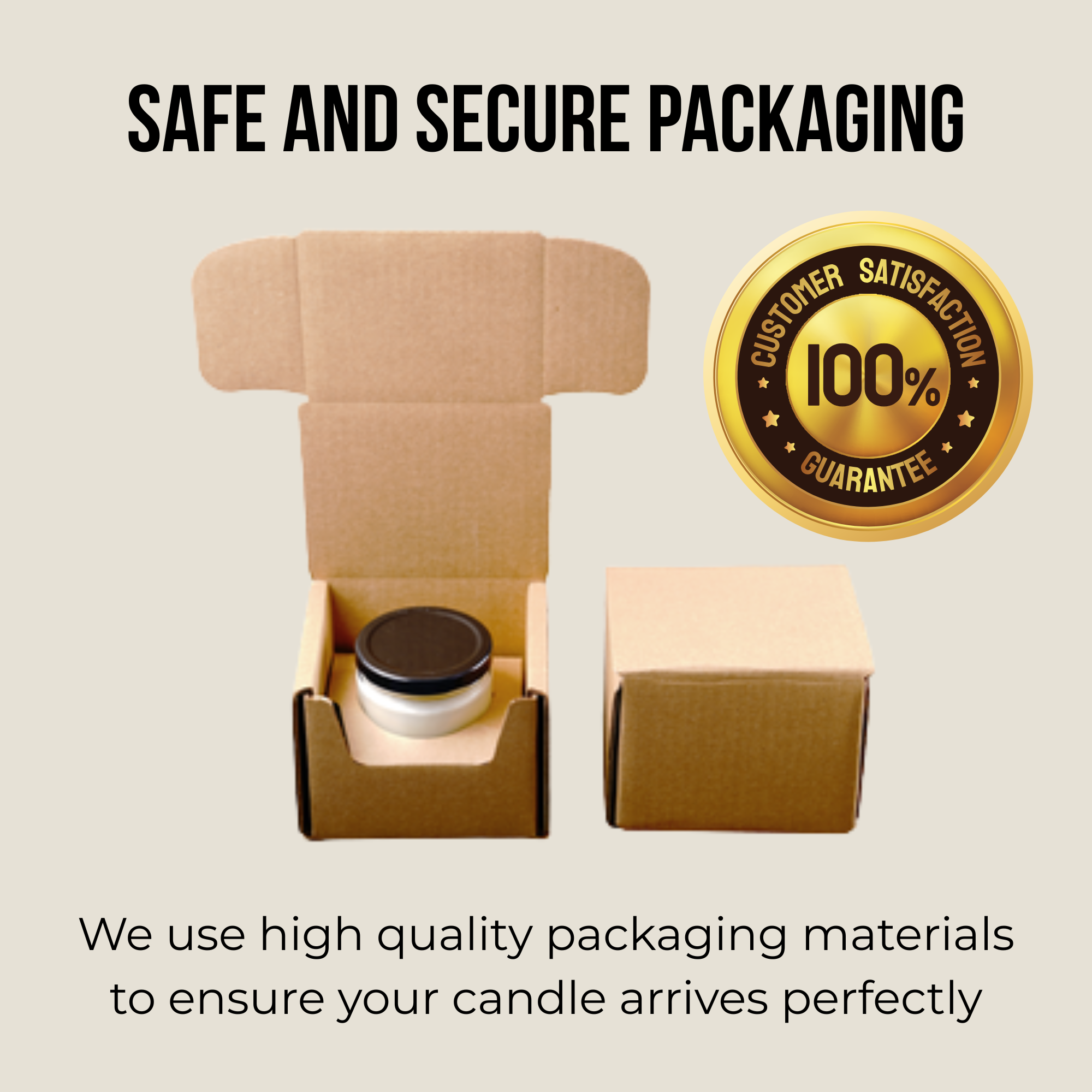 Open cardboard box with a "I Just F*cking Love Hot Dogs Okay? Candle" by Printify in a reusable glass vessel, a closed box beside it, gold 100% Satisfaction Guarantee badge, and text on safe packaging for clean-burning candle delivery.