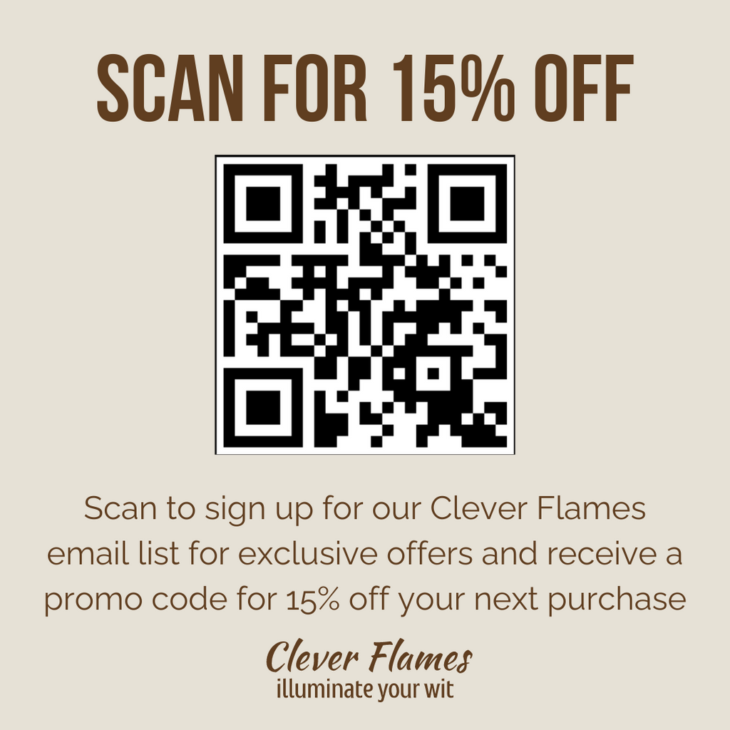 A QR code with "Scan for 15% off." Below, it states you'll get a 15% discount and subscribe to Printify emails—ideal for your next 50th Birthday Candle Gift, Smells Like Your Forties Are Over. Printify logo and "illuminate your wit" tagline at the bottom.