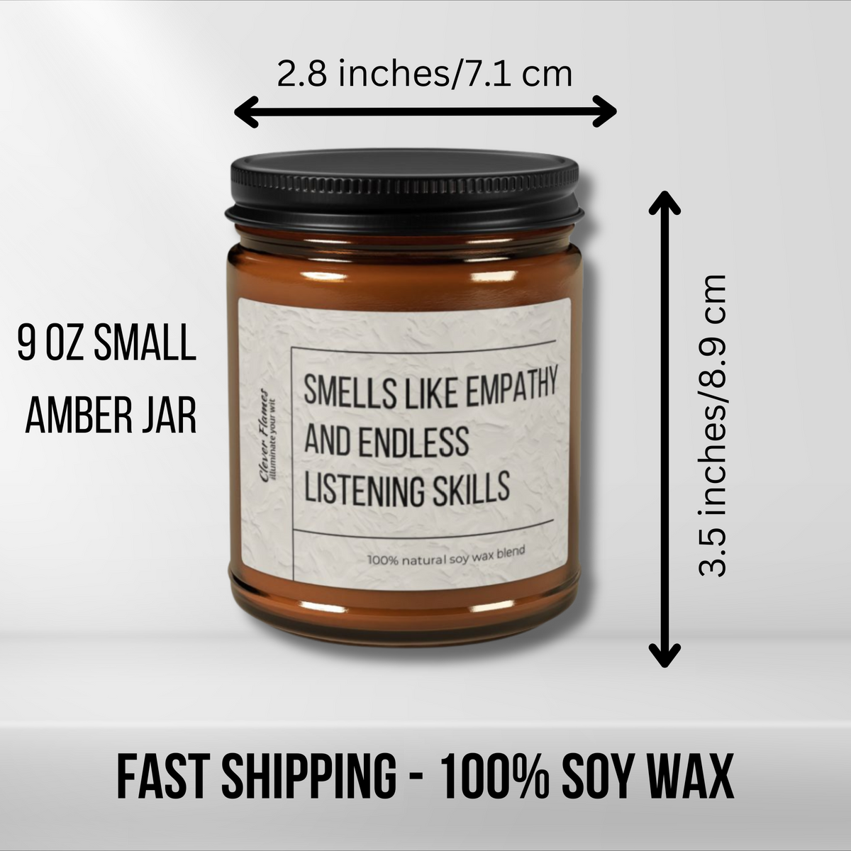 The Soy Candle — "Smells Like Bare Minimum, Maximum Results" 9oz from Printify comes in a reusable amber jar (2.8"/7.1cm wide, 3.5"/8.9cm tall), made with 100% soy wax and features fast shipping.