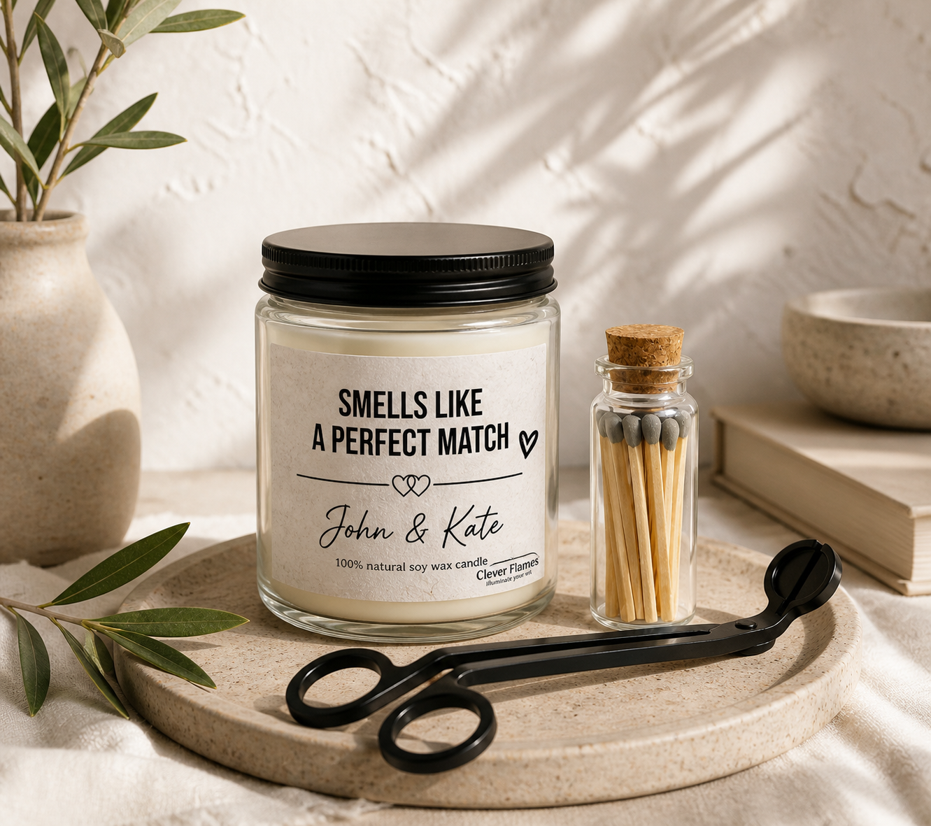 The Smells Like a Perfect Match Candle Set with Matches and Wick Trimmer by Printify features a personalized soy candle in a glass jar, paired with matches and a wick trimmer—an elegant touch to any minimalist home decor.
