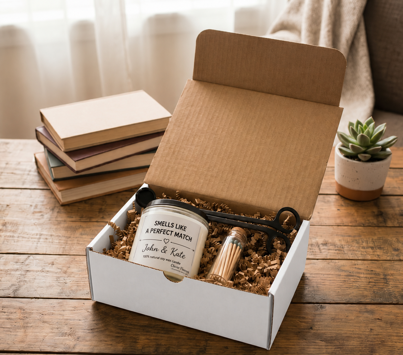 The Smells Like a Perfect Match Candle Set with Matches and Wick Trimmer by Printify, personalized with names, sits on a wooden table. Ideal for minimalist decor, it’s complemented by books and a potted succulent.