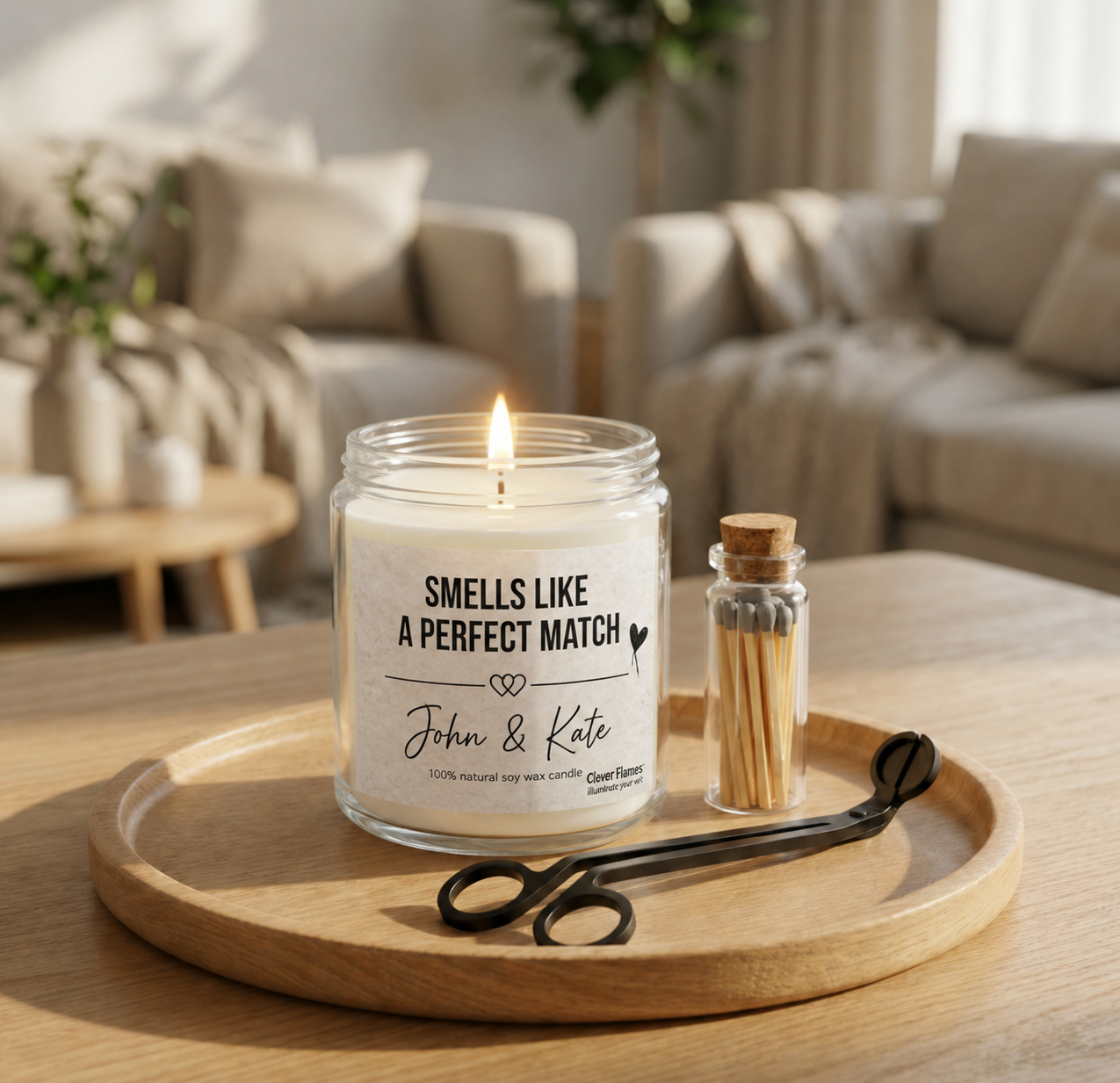 The Printify "Smells Like a Perfect Match Candle Set" with matches and wick trimmer, personalized with names, brings charm to any cozy, sunlit living room—perfect for minimalist home decor.