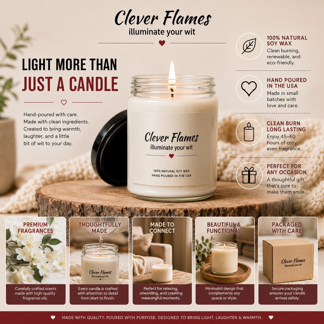 A Printify America 250th Anniversary Scented Soy Candle, 9oz, with a patriotic label, features natural ingredients, a long burn time, gift-ready packaging, and icons highlighting its qualities—an ideal keepsake for America's 250th anniversary.