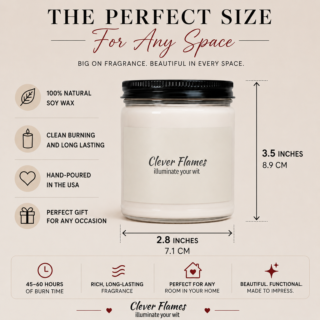A glass candle jar labeled “16 Years of Love, Laughter & Putting Up With Each Other Candle” by Printify sits centered, surrounded by product features and measurements: 3.5 inches tall, 2.8 inches wide, made of natural soy wax, hand-poured, long-lasting, and suitable for any occasion—perfect as a funny anniversary gift or a thoughtful 16th wedding anniversary present.