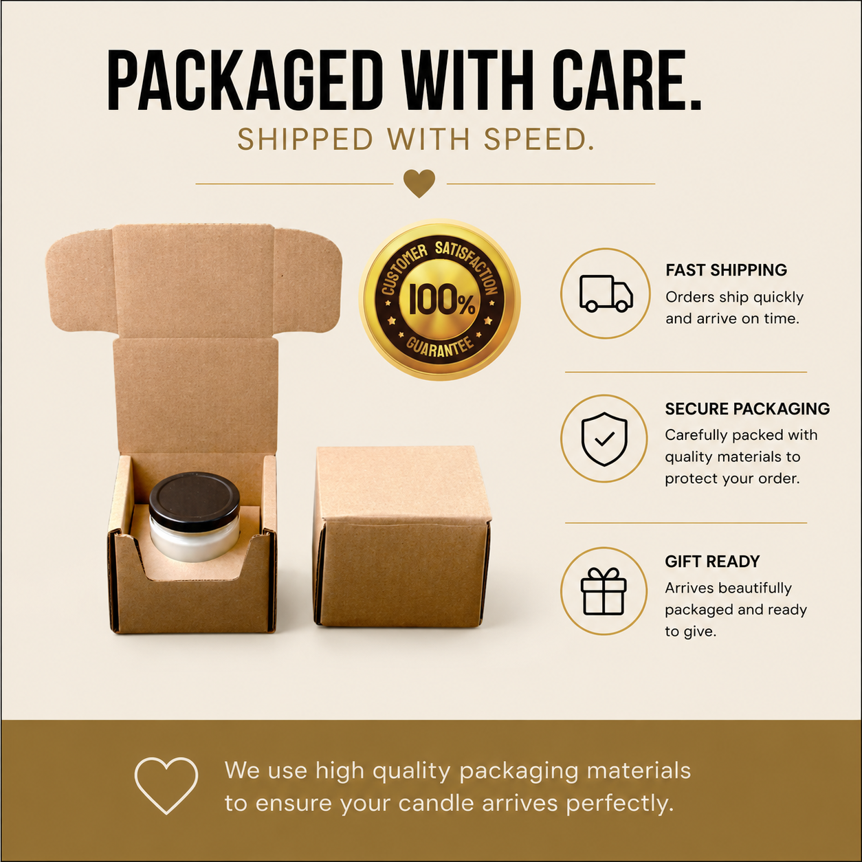 A Printify “16 Years of Love, Laughter & Putting Up With Each Other” candle is displayed inside an open cardboard box beside a closed box. Icons showcase fast shipping, secure packaging, and gift-ready convenience. The text highlights premium packaging for safe delivery—making this the ideal funny gift for celebrating your 16th wedding anniversary.