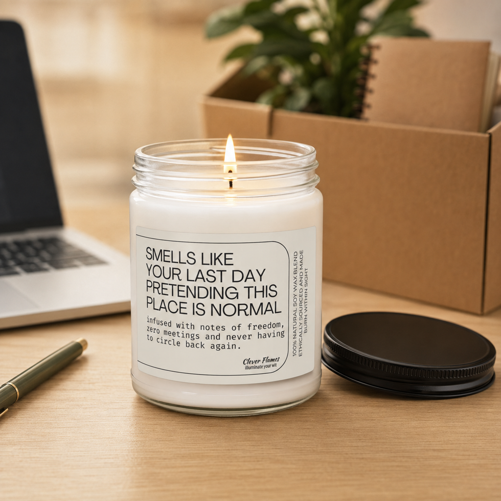 On a desk beside a laptop, pen, plant, and open box sits the Printify Coworker Leaving Gift—this Funny Office Farewell Candle has a label that reads: SMELLS LIKE YOUR LAST DAY PRETENDING THIS PLACE IS NORMAL. A witty going away or retirement candle for coworkers or bosses that sums up those final office moments with humor.