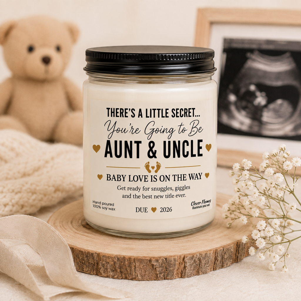 Announce your exciting news with the Printify Pregnancy Announcement for Aunt and Uncle Candle—a thoughtful baby reveal gift featuring a label that reads: “You’re going to be Aunt & Uncle. Baby love is on the way. Due 2026.” This charming pregnancy reveal idea looks beautiful next to an ultrasound photo, flowers, and cozy fabric, making it the perfect aunt and uncle gift for sharing your special announcement.