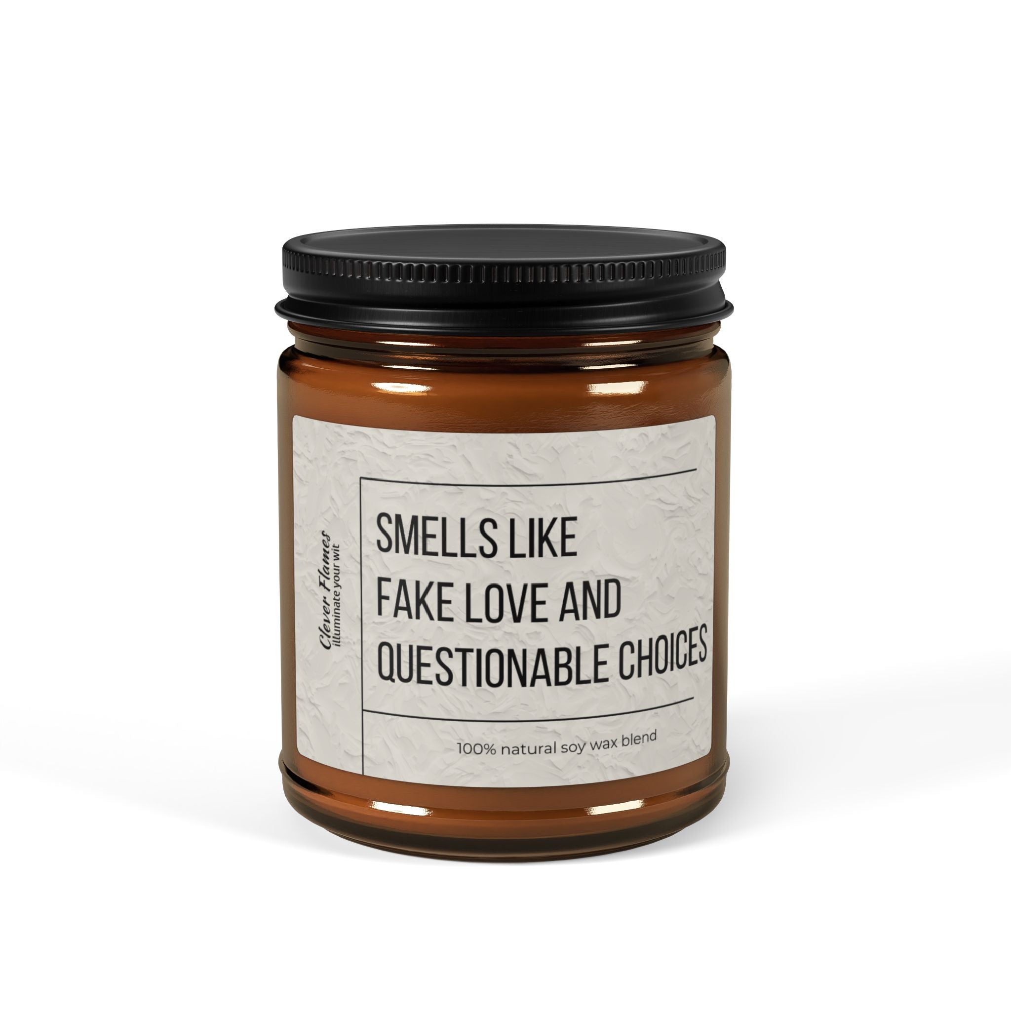 The Printify Smells Like Fake Love and Questionable Choices soy candle, featuring a brown jar and black lid, is the perfect Valentines Day gift. Made from 100% natural soy wax blend, its an ideal choice for anniversaries or any romantic occasion.