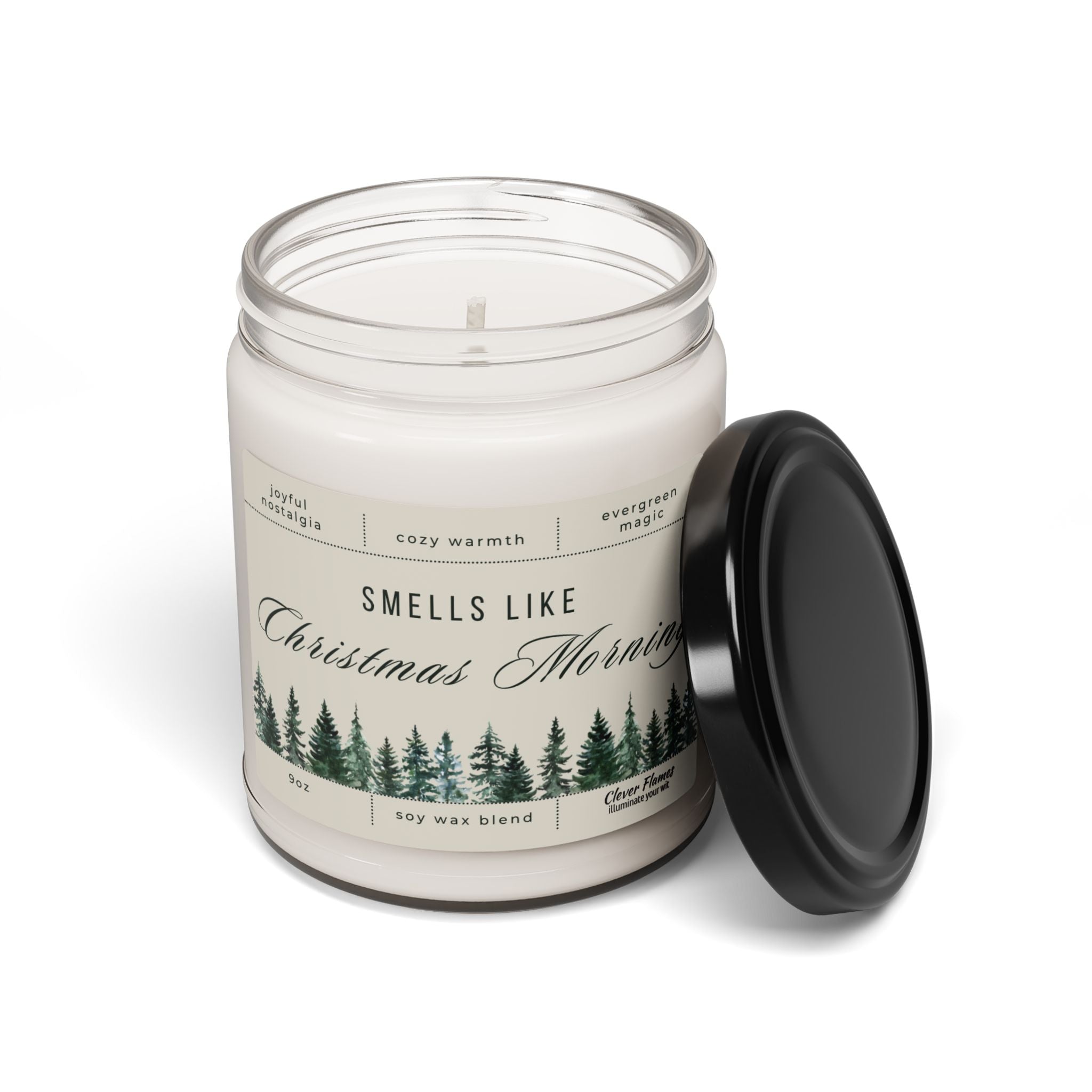 Printify’s Smells Like Christmas Morning – Holiday Soy Candle (9oz) features white soy wax in a glass jar with black lid. The festive label displays pine trees, scent notes, and accents—making it an ideal Christmas gift.