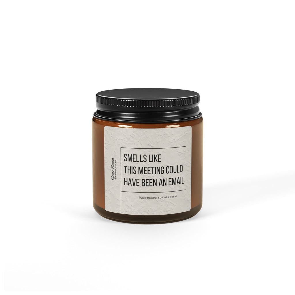 The Funny Office Candle from Printify features a humorous label that reads, "Smells like this meeting could have been an email." With its eco-friendly, scented soy wax and stylish brown jar with a black lid, it's the perfect gift for coworkers.