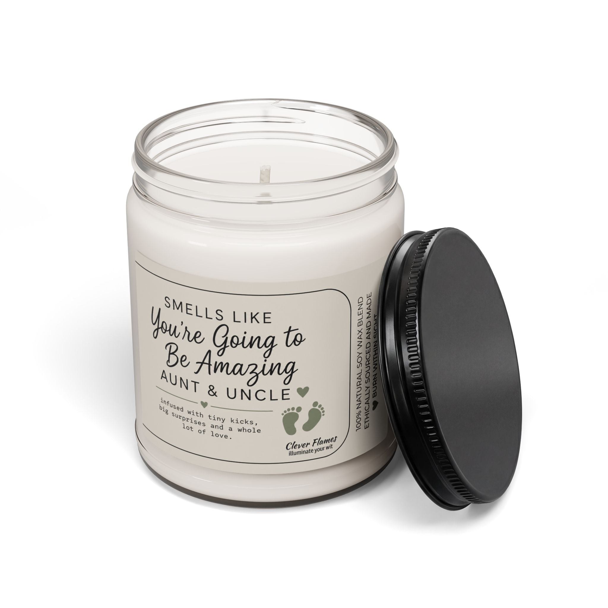 Introducing the Pregnancy Announcement for Aunt & Uncle Candle by Printify – a white candle in a glass jar topped with a sleek black lid. The label proudly states: “You’re Going to Be Amazing Aunt and Uncle,” accompanied by a small heart and additional sentiments about love and anticipation. This Baby Reveal Gift is the perfect way to announce your pregnancy and share your exciting news with loved ones in a heartfelt, memorable fashion.