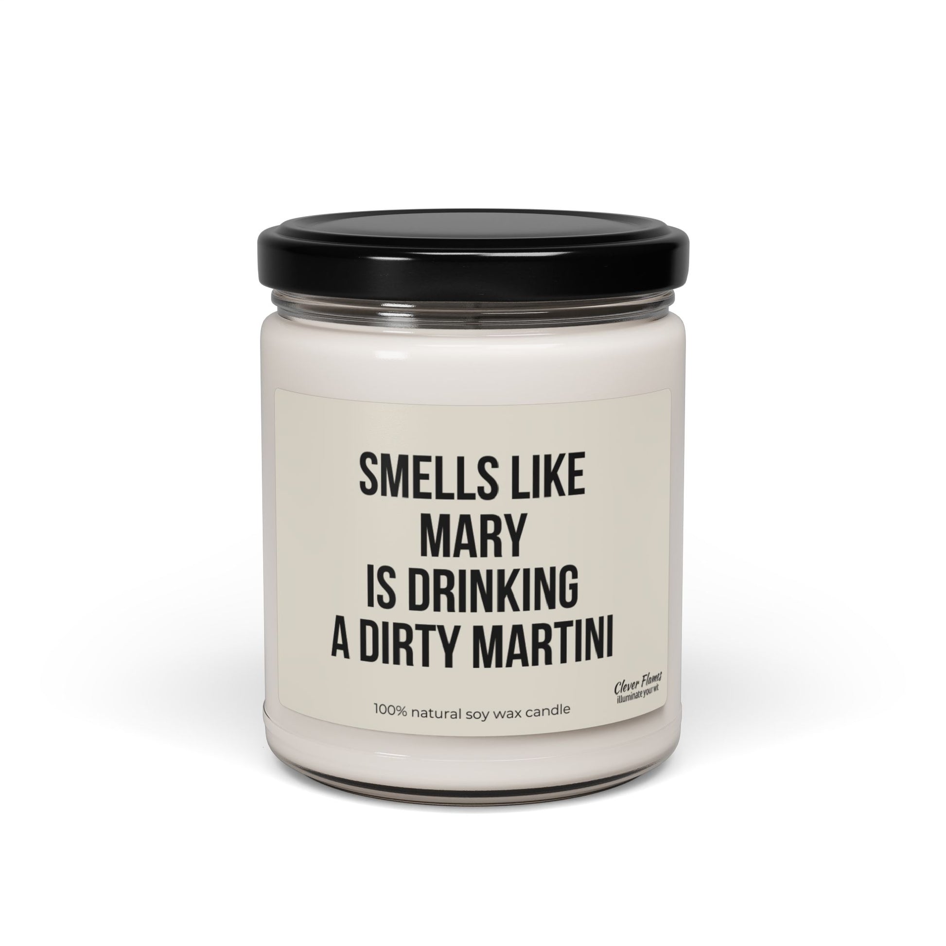 For martini enthusiasts, the Printify Personalized Smells Like Mary is Drinking a Dirty Martini Soy Candle features a sleek white jar with a black lid. It humorously declares, "Smells like Mary is drinking a dirty martini," and boasts of being made from "100% natural soy wax," making it an excellent addition to your home bar decor.