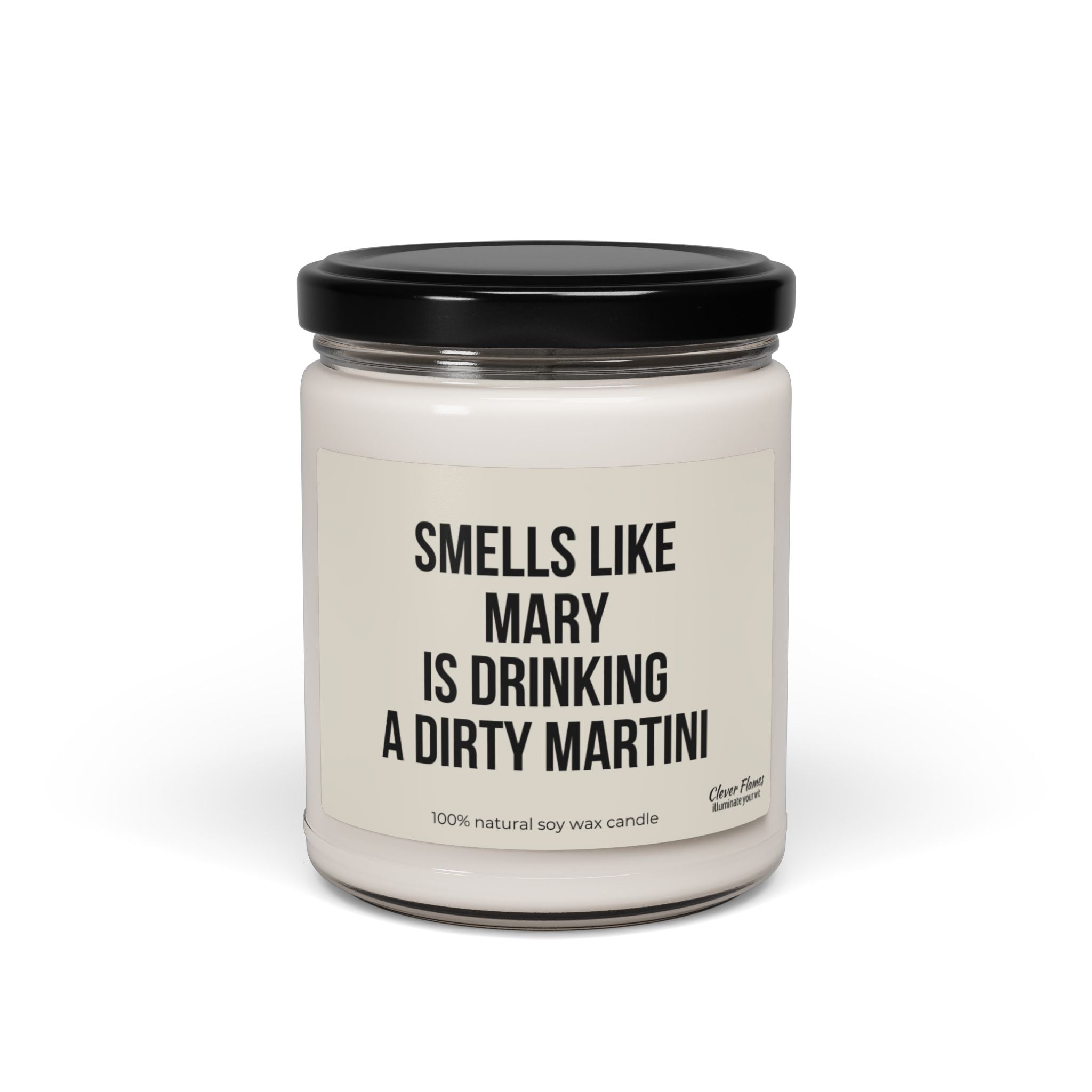 For martini enthusiasts, the Printify Personalized Smells Like Mary is Drinking a Dirty Martini Soy Candle features a sleek white jar with a black lid. It humorously declares, "Smells like Mary is drinking a dirty martini," and boasts of being made from "100% natural soy wax," making it an excellent addition to your home bar decor.